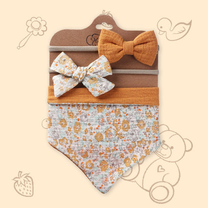 Polka Tots Orange Cotton Floral Print Bow Headband with Reversible Bandana Bib (Set of 3) 12-18 Months