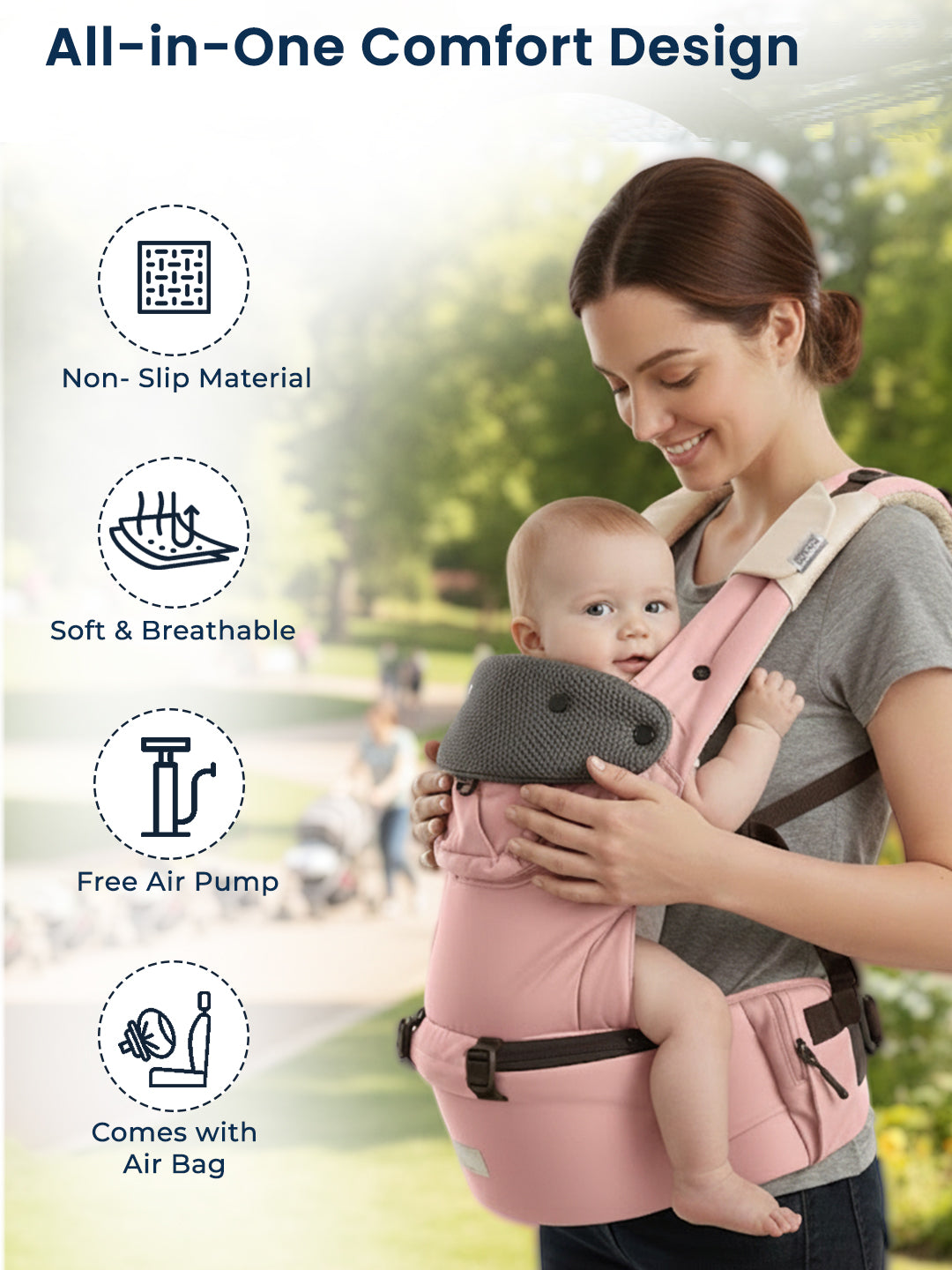 Polka Tots 6 in 1 Peach Hip Seat Baby Carrier with Airbag Seat