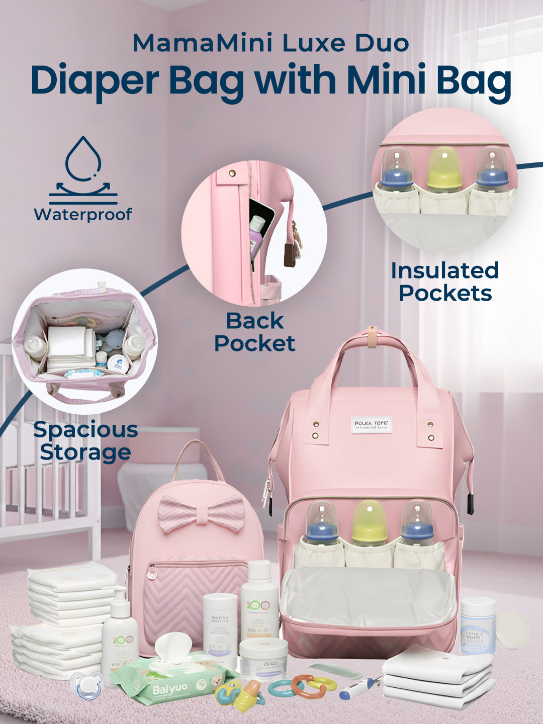 Polka Tots Pink Mama Mini Luxe Duo Diaper Bag with Attached Bow and Bag Pack (Set of 2)
