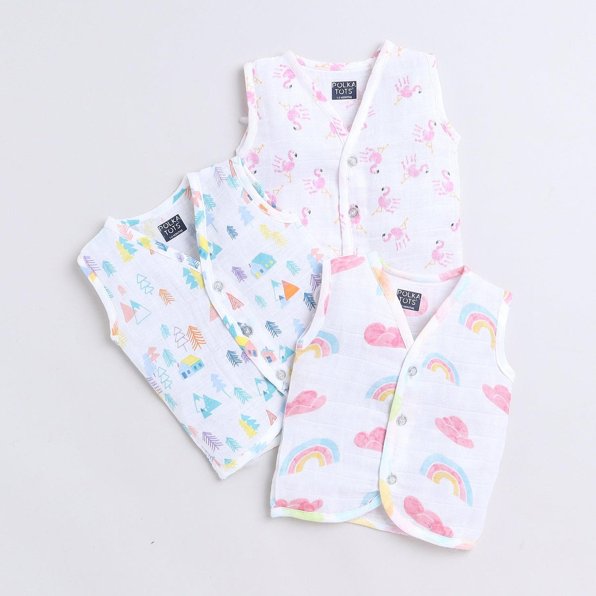 Polka Tots Unisex Multi-Color Cotton Sleeveless Jablas (Pack Of 3) (1-3 Months)