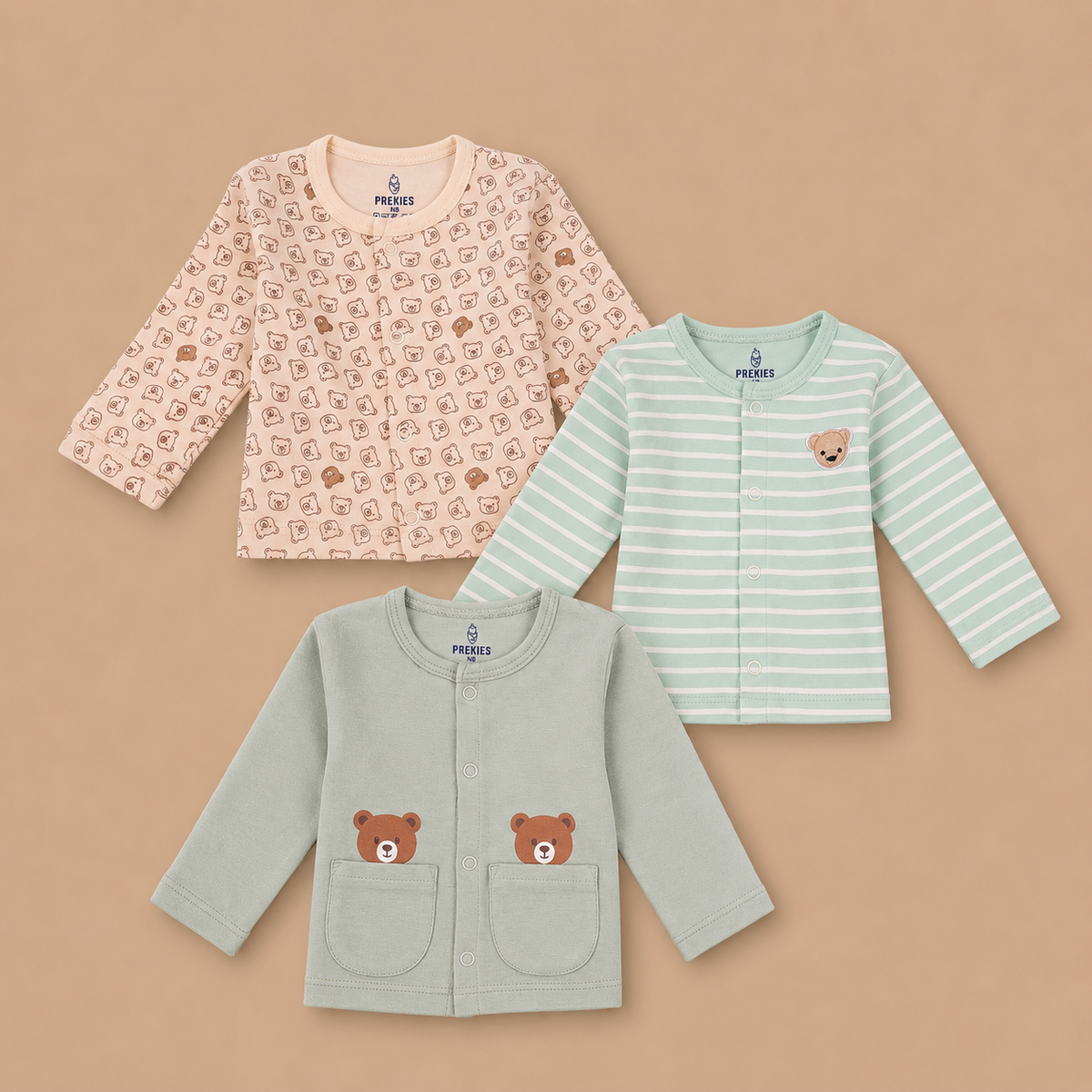 PREKIES Set Of 3 Jhablas - Bear Print (Brown & Green)