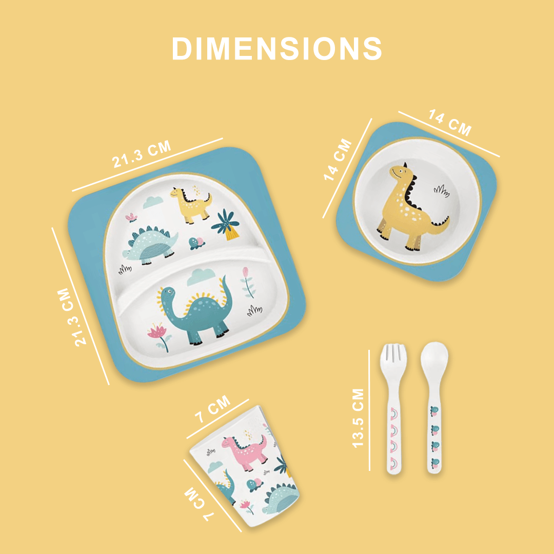 Polka Tots "Dinosaur" Toddler Eco Friendly Bamboo Fiber Dinner (Set of 5) - Blue