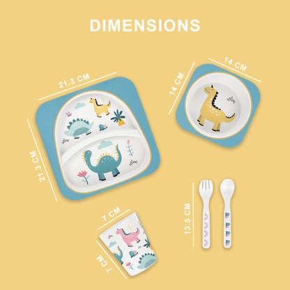 Polka Tots "Dinosaur" Toddler Eco Friendly Bamboo Fiber Dinner (Set of 5) - Blue
