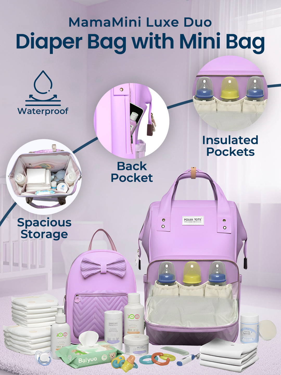 Polka Tots Purple Mama Mini Luxe Duo Diaper Bag with Attached Bow and Bag Pack (Set of 2)