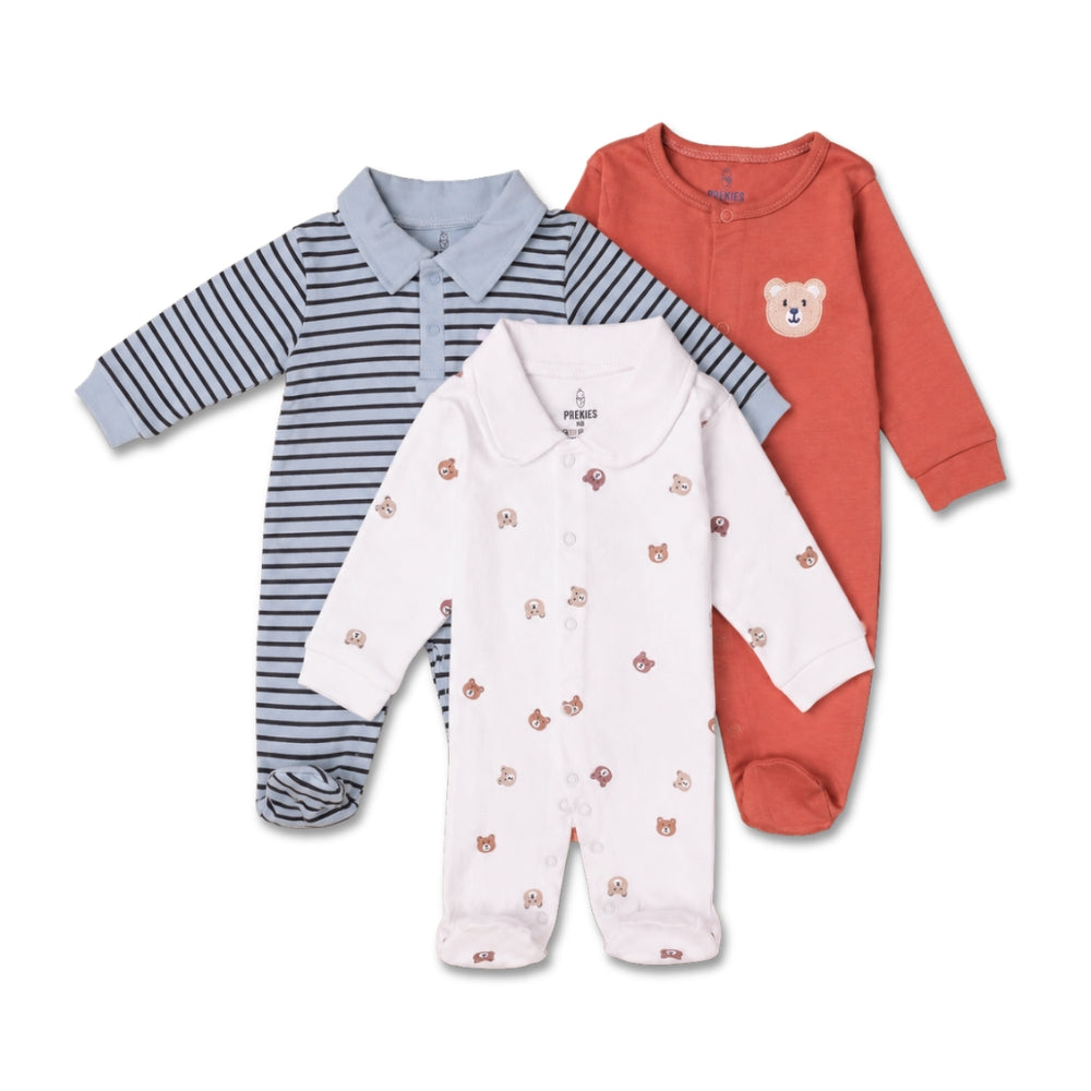 PREKIES Footed Sleepsuits Set - Teddy Face Print Pack Of 3