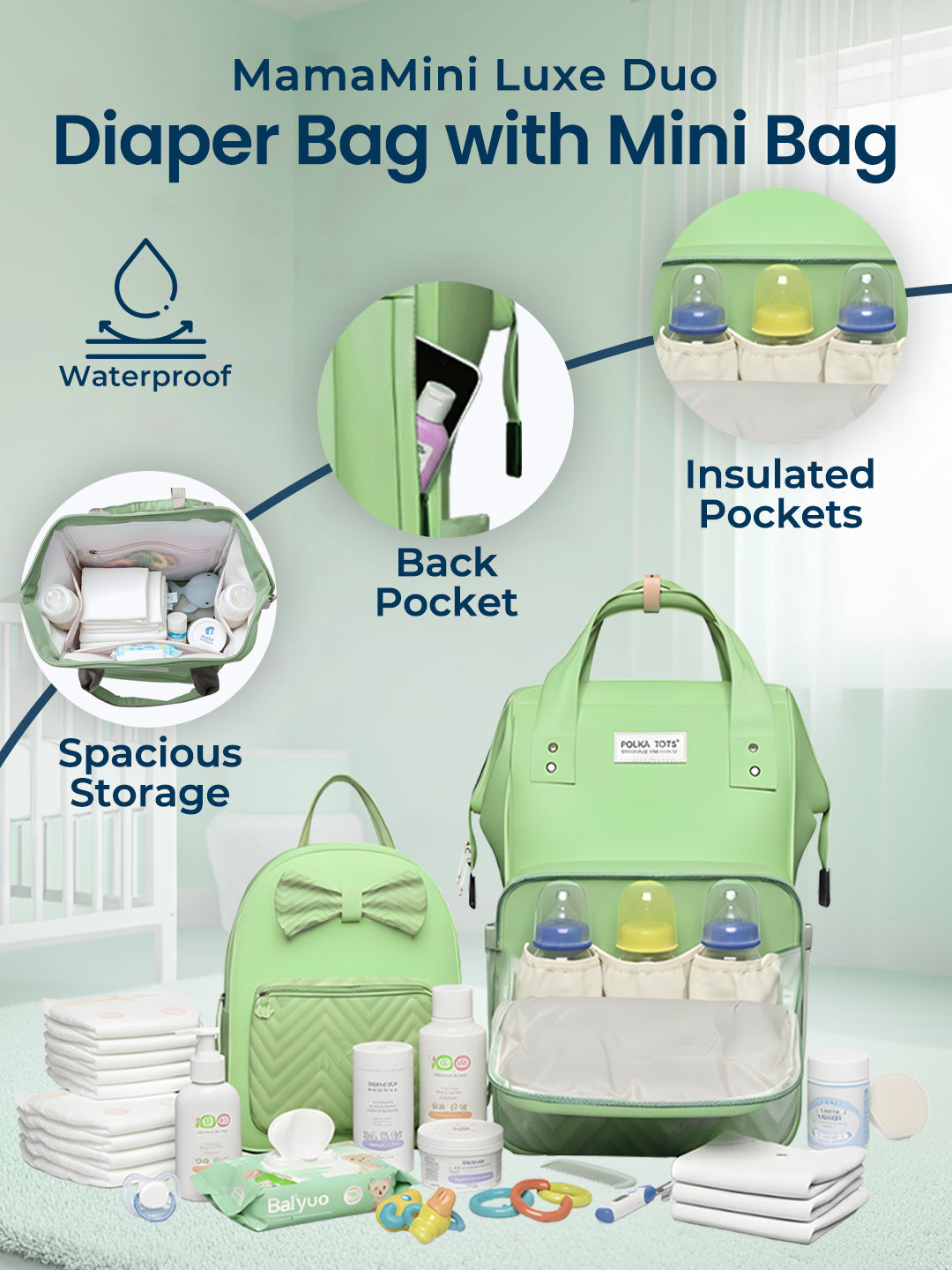 Polka Tots Green Mama Mini Luxe Duo Diaper Bag with Attached Bow and Bag Pack (Set of 2)
