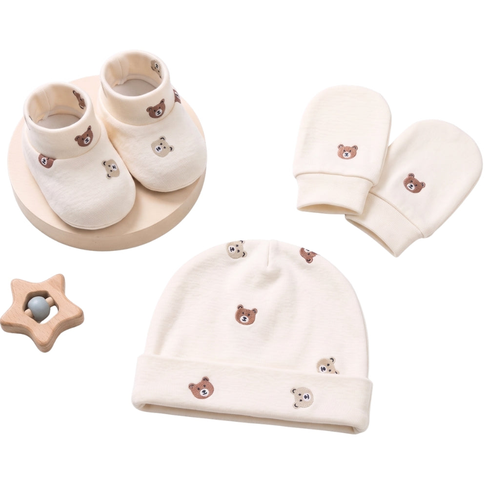 PREKIES Cap, Mitten, Booties - Teddy Print