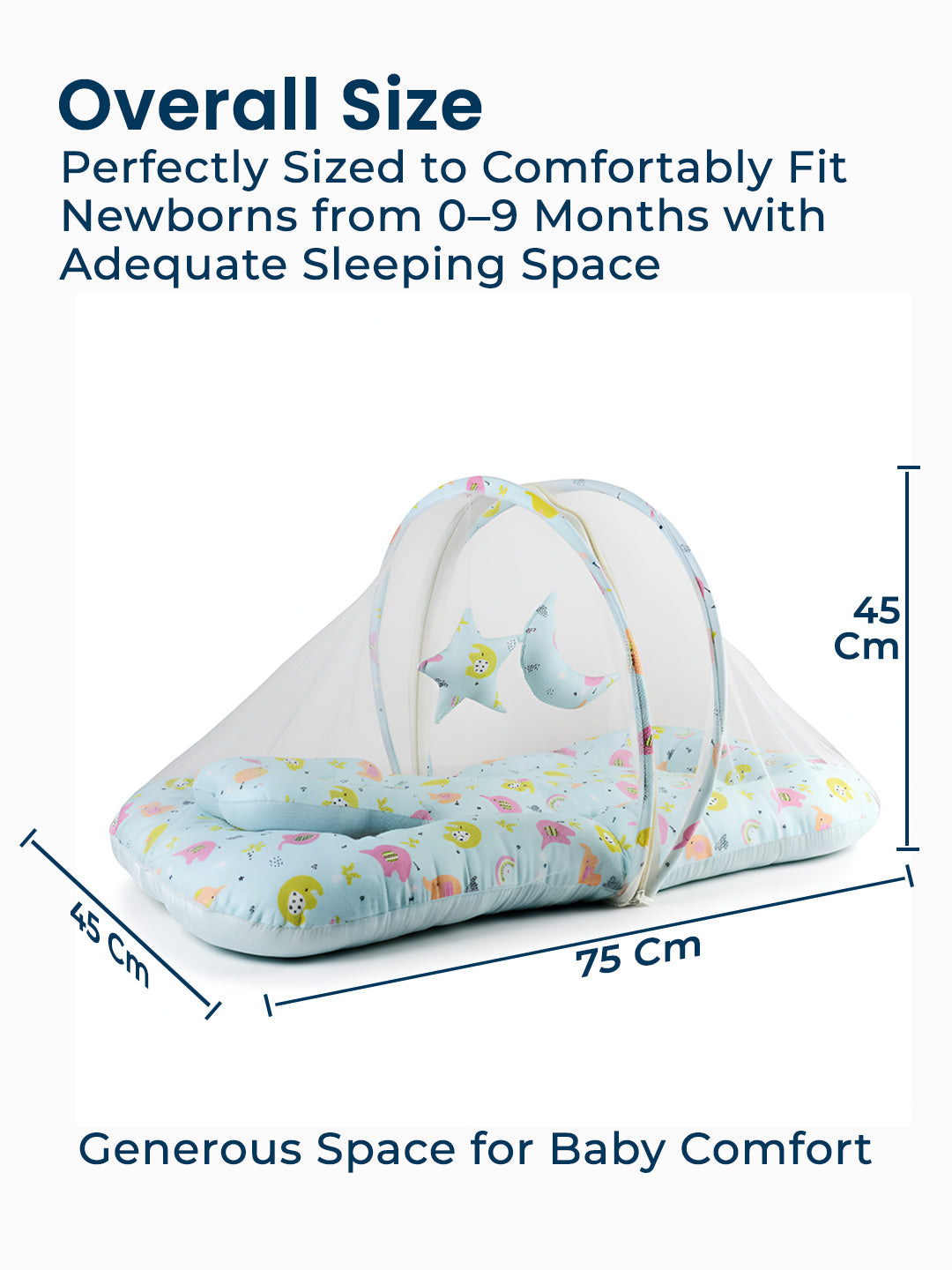 Polka Tots Elephant Print Cotton Sateen Mosquito Net Bed with Toys Dangling - Blue