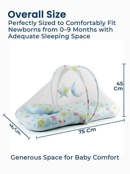 Polka Tots Elephant Print Cotton Sateen Mosquito Net Bed with Toys Dangling - Blue