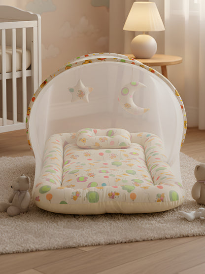 Polka Tots White Balloon Cotton Sateen Mosquito Net Bed With Toys Dangling (18-24 Months)