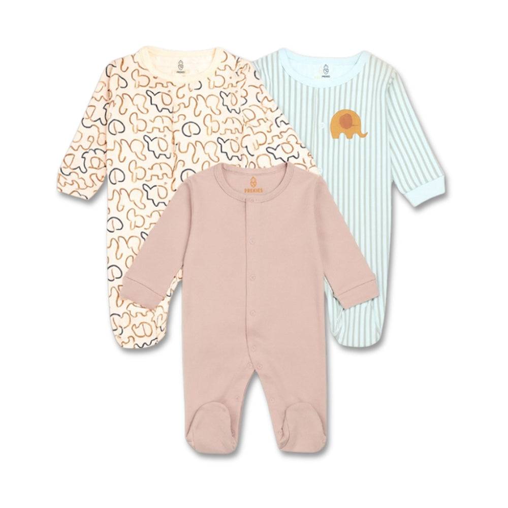 PREKIES Footed Sleepsuits Set - Elephant Print Pack Of 3