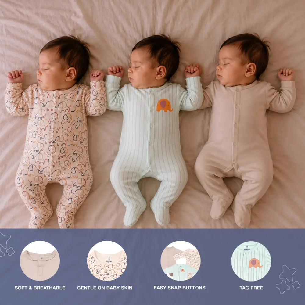 PREKIES Footed Sleepsuits Set - Elephant Print Pack Of 3
