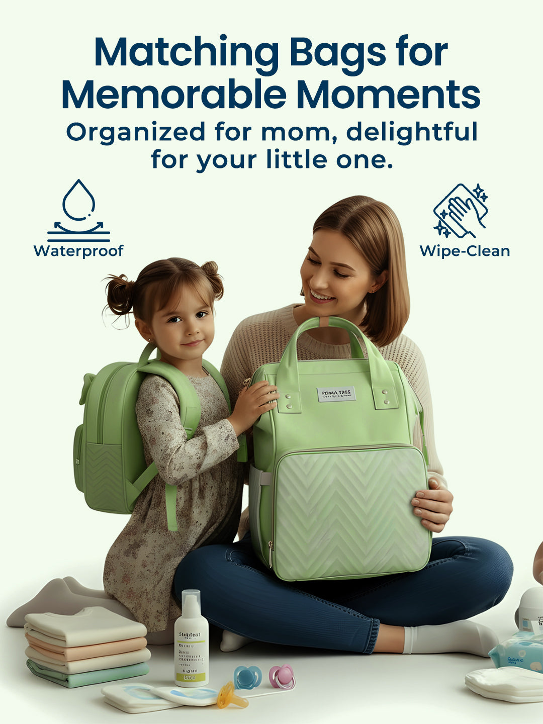 Polka Tots Green Mama Mini Luxe Duo Diaper Bag with Attached Bow and Bag Pack (Set of 2)