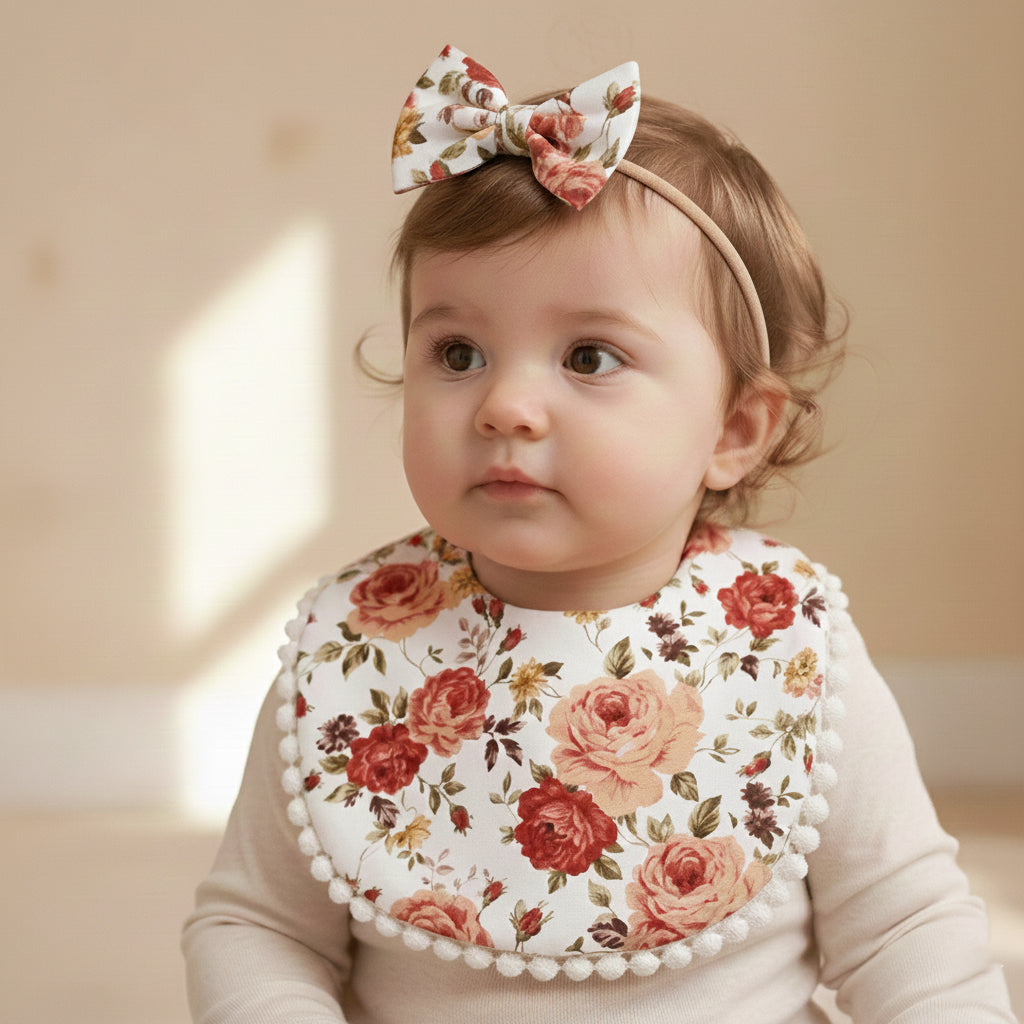 Polka Tots White Cotton Rose Print Bow Headband with Reversible Boho Bib (Set of 3) 12-18 Months