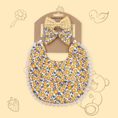 Polka Tots Yellow Cotton Floral Bow Headband with Reversible Boho Bib (Set of 3) 12-18 Months