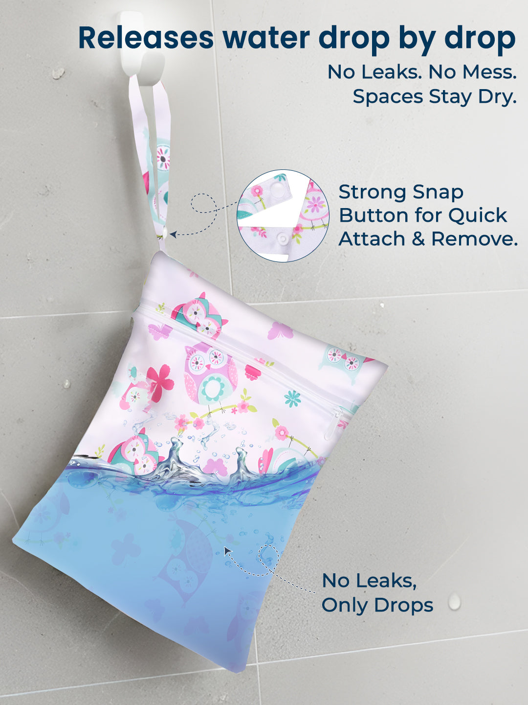 Polka Tots Waterproof & Reusable Owl Print Wet Dry Baby Diaper Bag with Zip (0-24 Months)