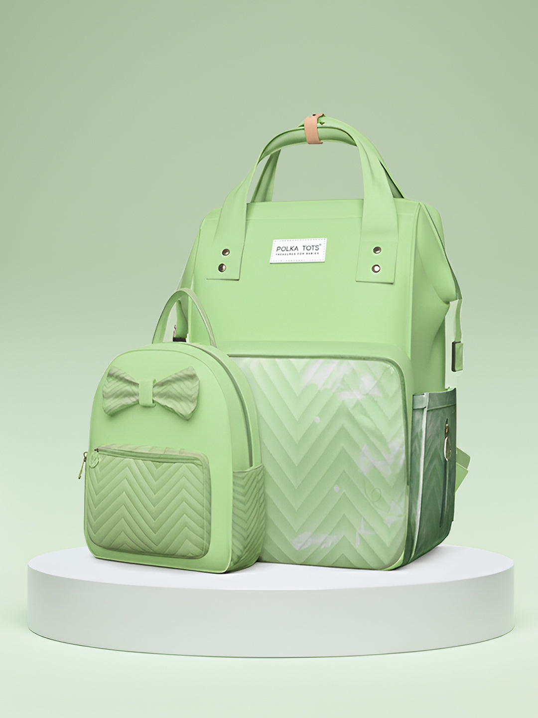Polka Tots Green Mama Mini Luxe Duo Diaper Bag with Attached Bow and Bag Pack (Set of 2)