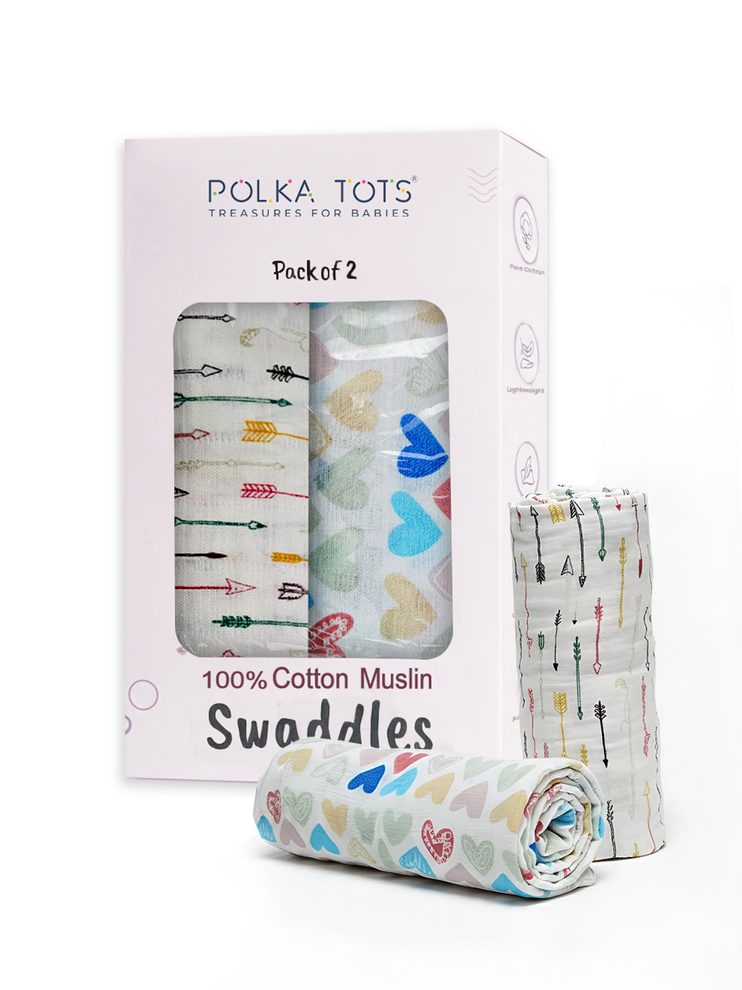Polka Tots White Mini Hearts & Cupid Muslin Cotton Swaddles (Pack of 2)