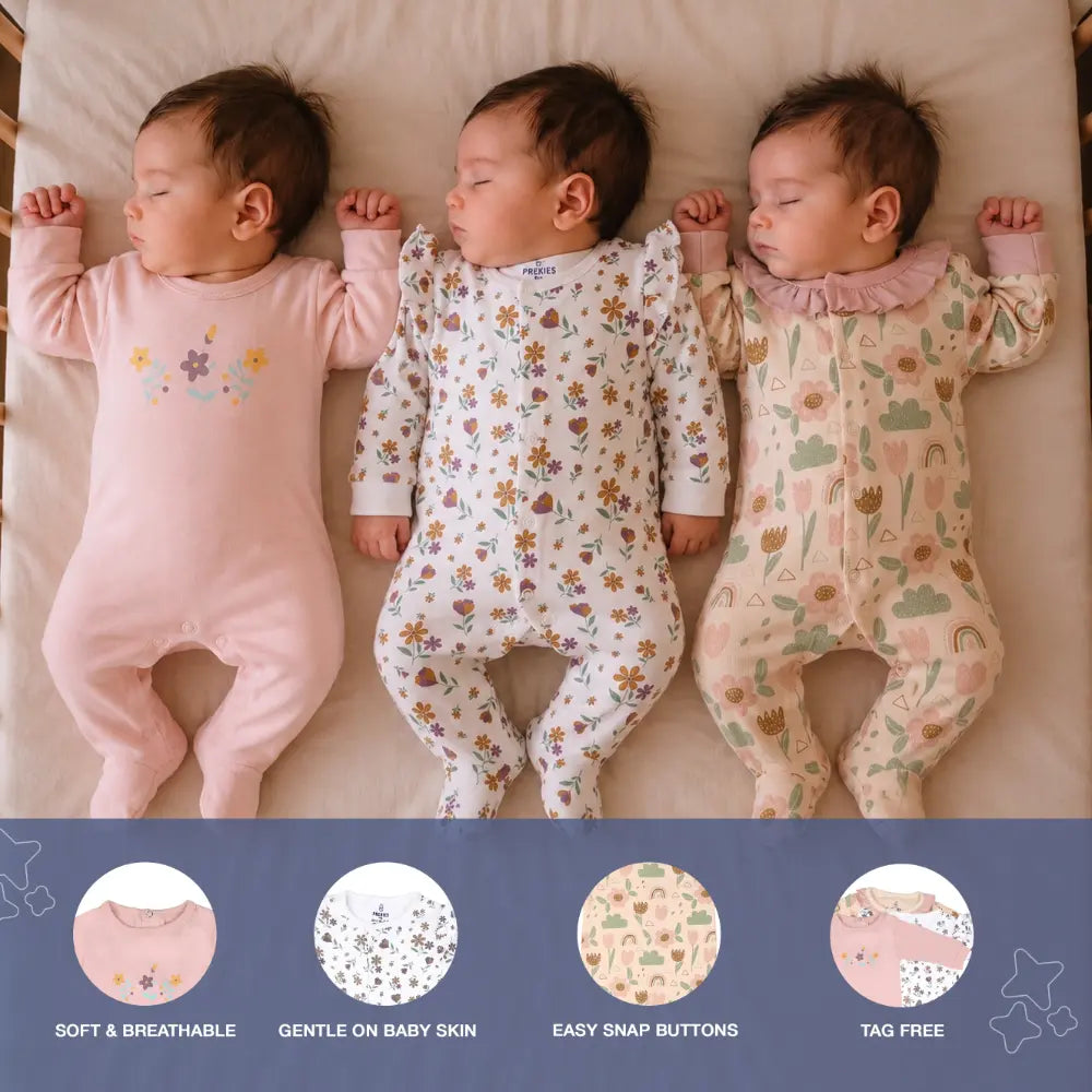 PREKIES Footed Sleepsuits Set - Flower Print Pack Of 3