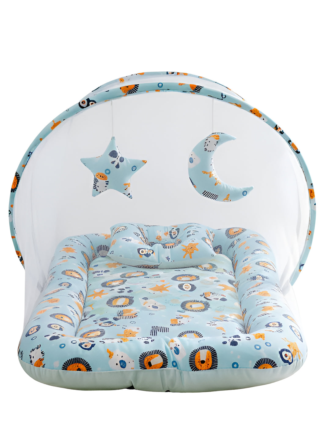 Polka Tots Lion Print Cotton Sateen Mosquito Net Bed with Toys Dangling - Blue 