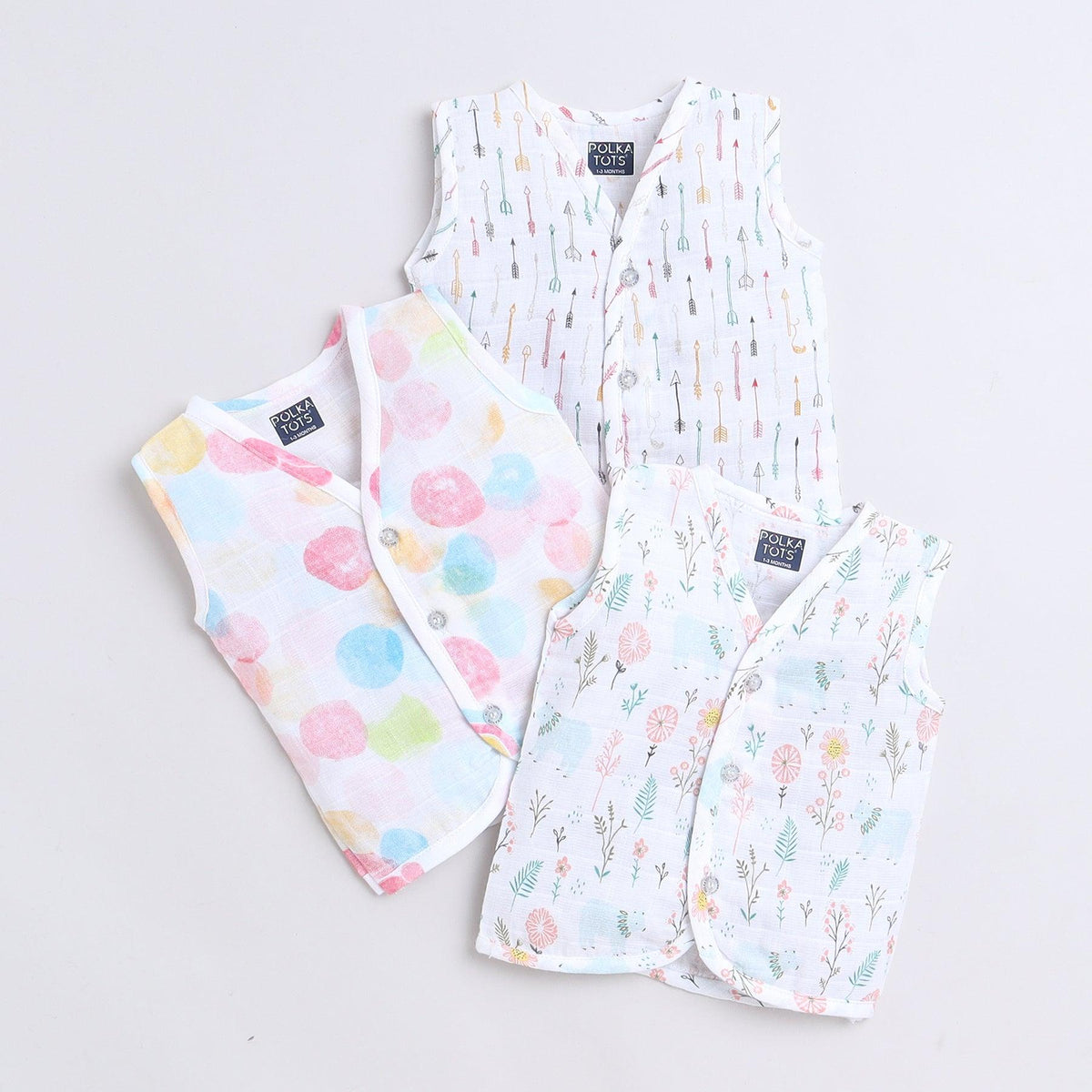 Polka Tots Unisex Multi-Color Cotton Sleeveless Jablas (Pack Of 3) (0 Months)