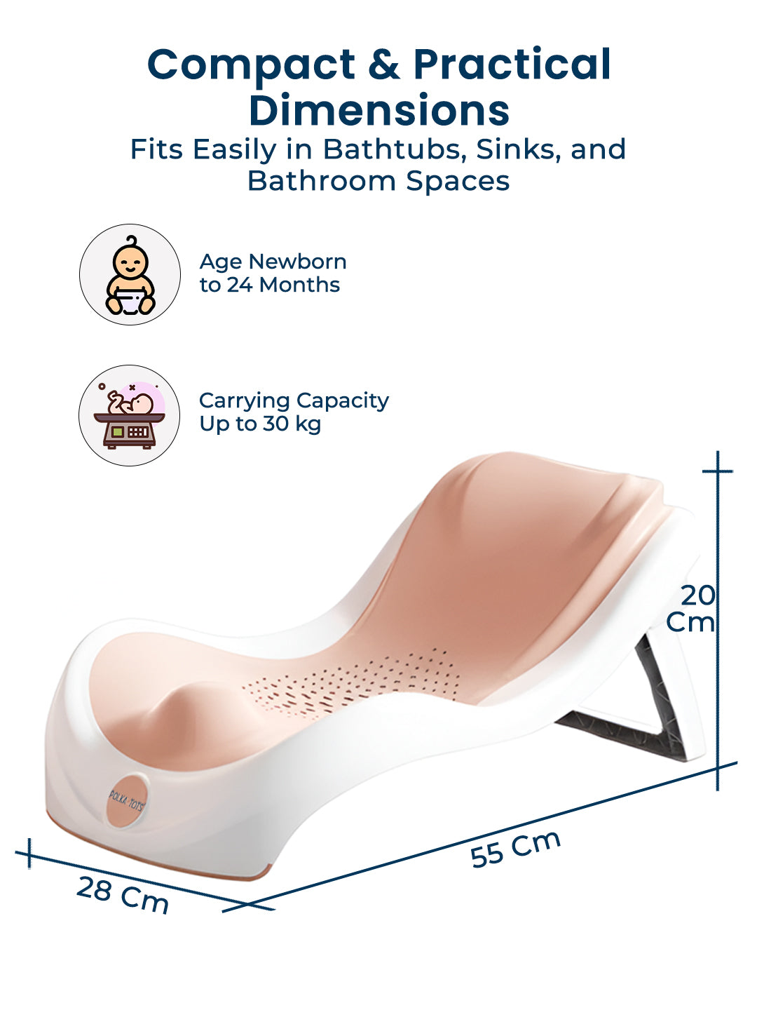 Polka Tots Tiny Tubsy Baby Bather Lightweight with Soft Rubber Newborn Bath Rack - Pink