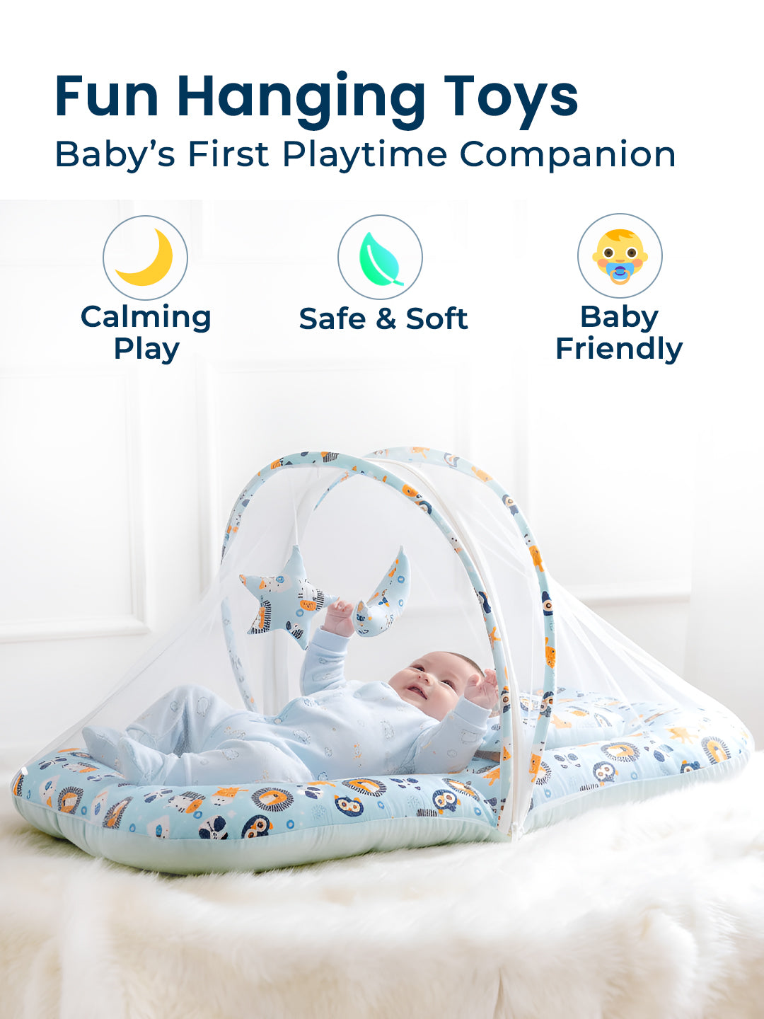 Polka Tots Lion Print Cotton Sateen Mosquito Net Bed with Toys Dangling - Blue 