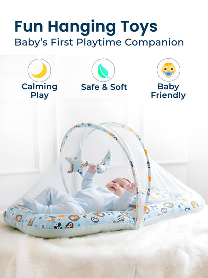 Polka Tots Lion Print Cotton Sateen Mosquito Net Bed with Toys Dangling - Blue 