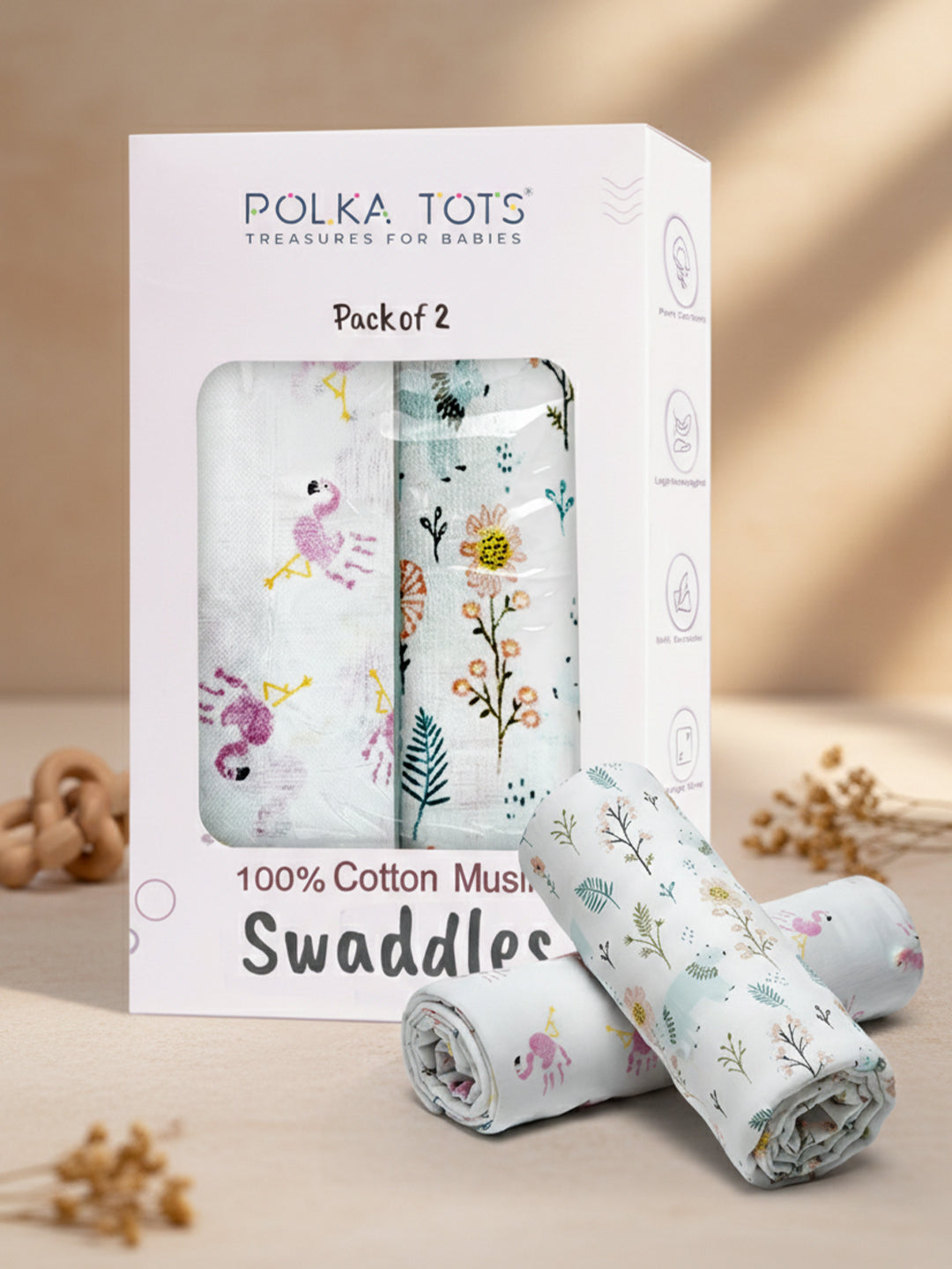 Polka Tots White Flamingo Fingers & Bloomy Bear Muslin Cotton Swaddles (Pack of 2)