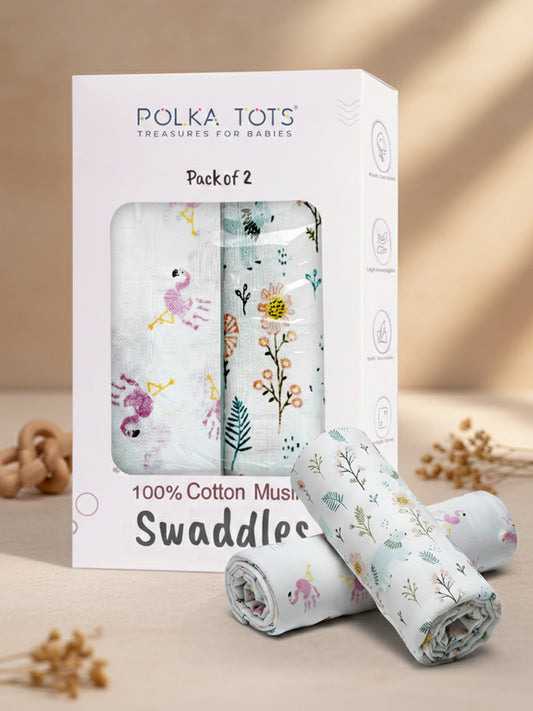 Polka Tots White Flamingo Fingers & Bloomy Bear Muslin Cotton Swaddles (Pack of 2)