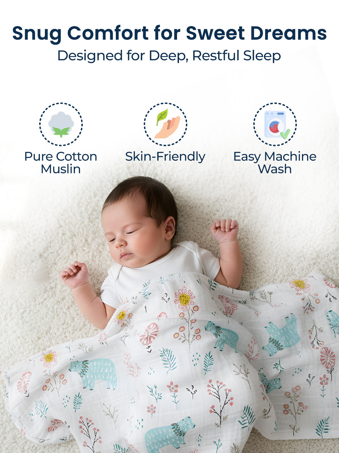 Polka Tots White Flamingo Fingers & Bloomy Bear Muslin Cotton Swaddles (Pack of 2)