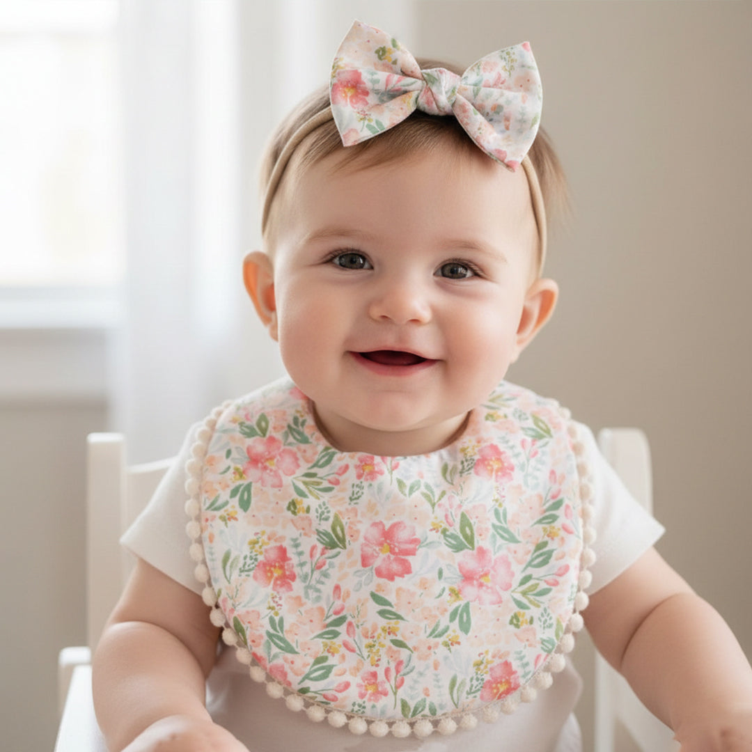 Polka Tots White Cotton Floral Bow Headband with Reversible Boho Bib (Set of 3) 12-18 Months