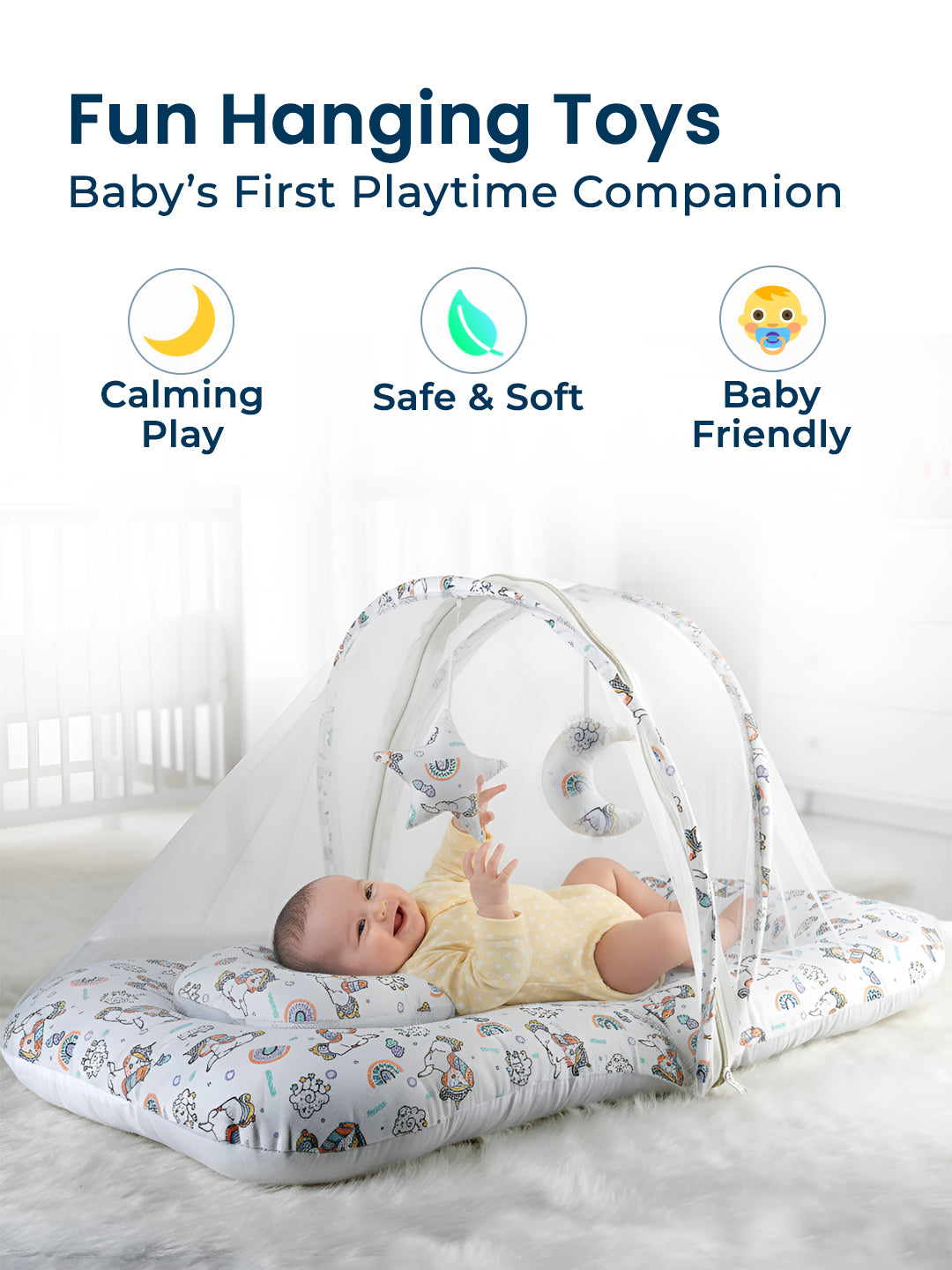 Polka Tots White Unicorn Cotton Sateen Mosquito Net Bed With Toys Dangling (18-24 Months)