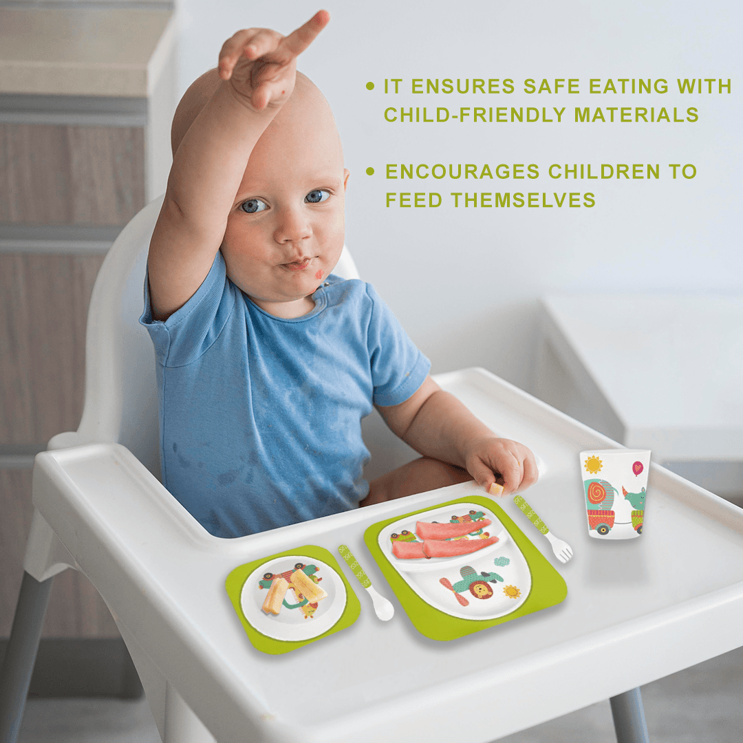 Polka Tots Eco Friendly Bamboo Fiber Kids' Dinner Set Safari - Green [BFSR494] [Polka Tots]