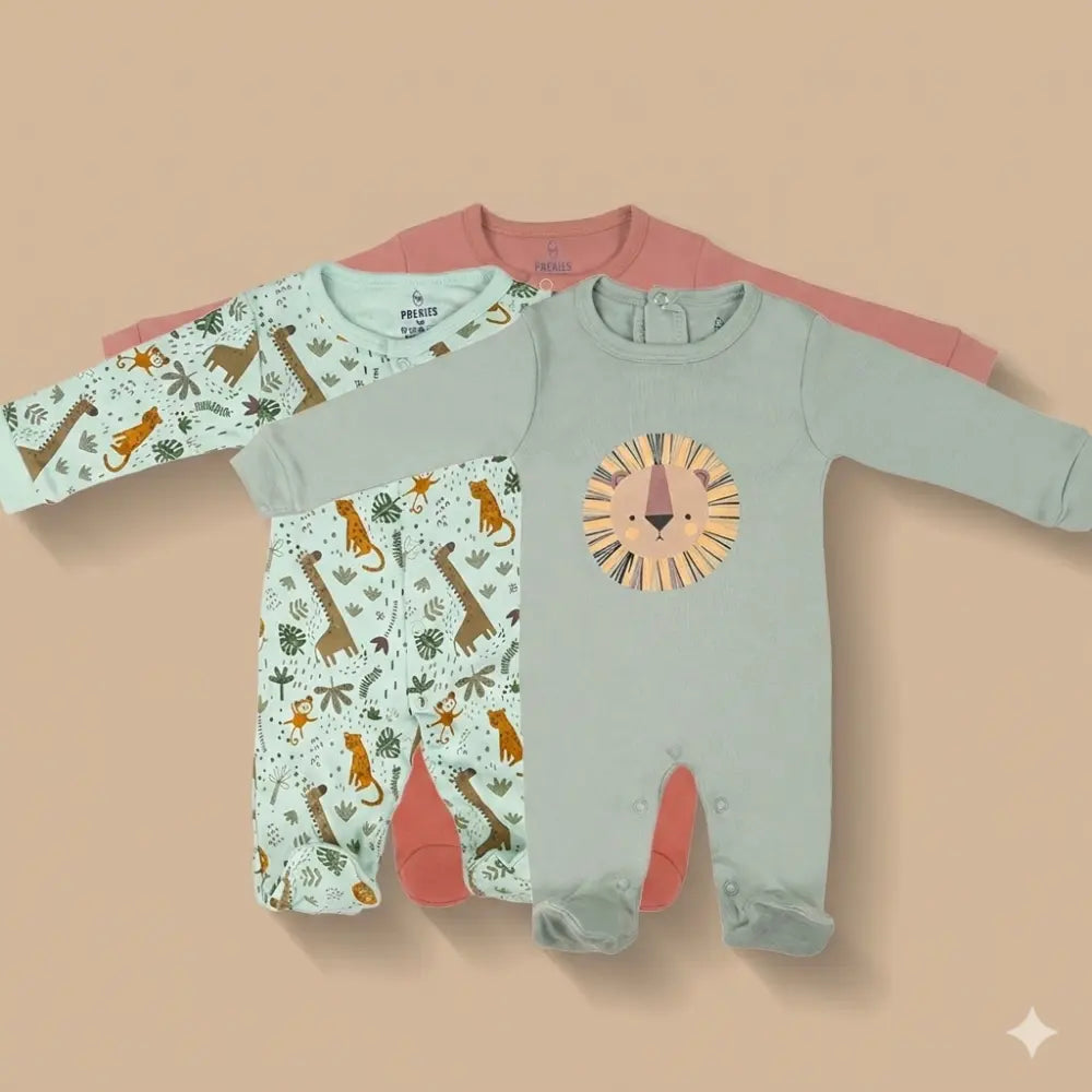 PREKIES Footed Sleepsuits Set - Lion Print Pack Of 3