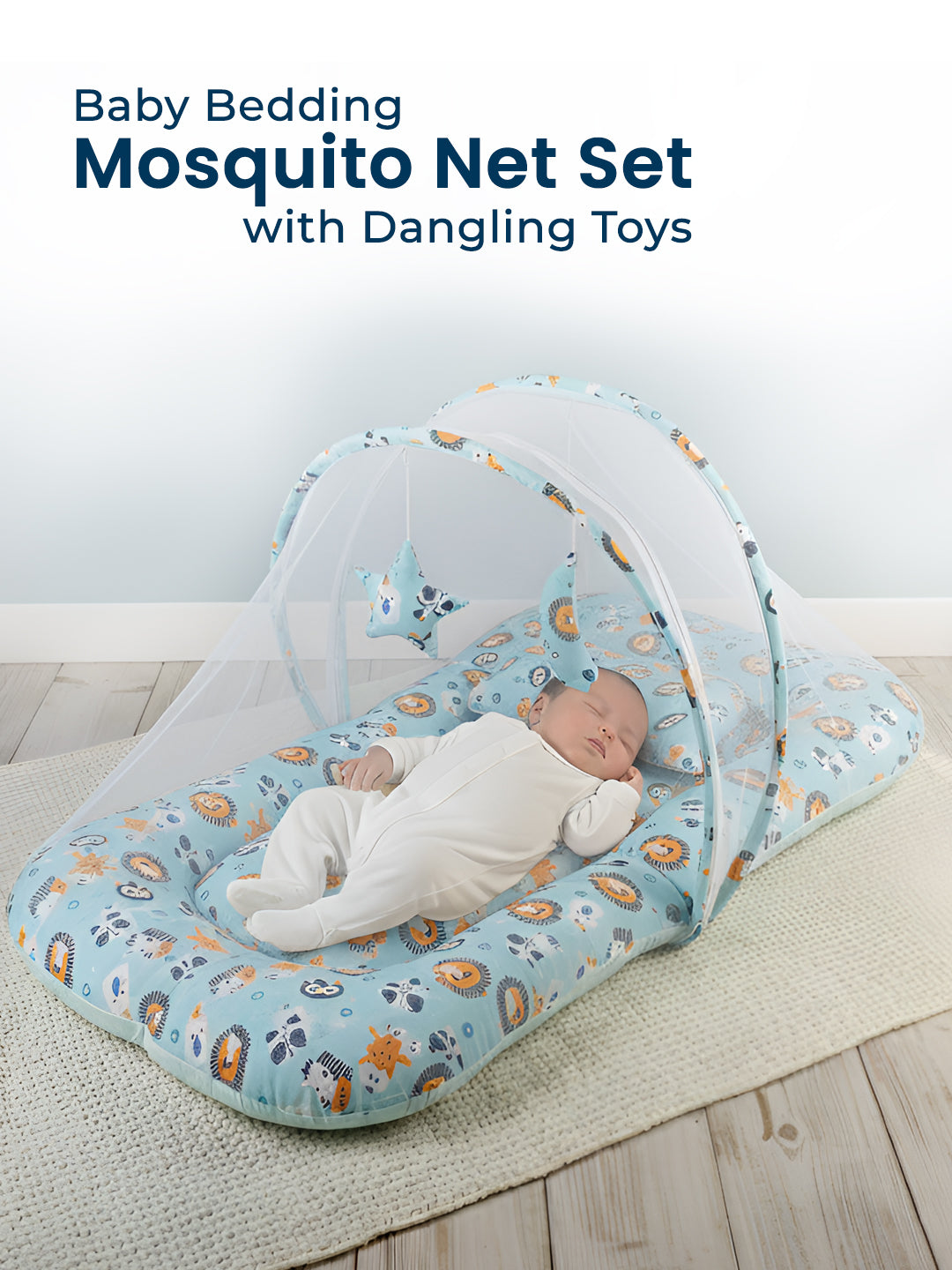 Polka Tots Lion Print Cotton Sateen Mosquito Net Bed with Toys Dangling - Blue 