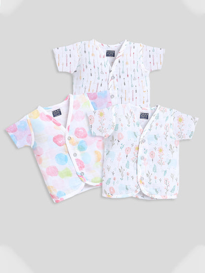 Polka Tots Unisex White Cotton Half Sleeve Jablas (Pack Of 3) (0 Months)
