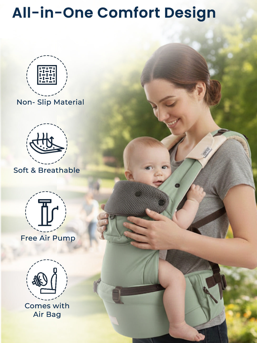 Polka Tots 6 in 1 Green Hip Seat Baby Carrier with Airbag Seat