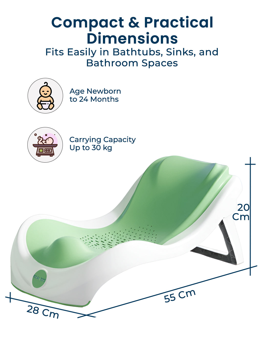Polka Tots Tiny Tubsy Baby Bather Lightweight with Soft Rubber Newborn Bath Rack - Green