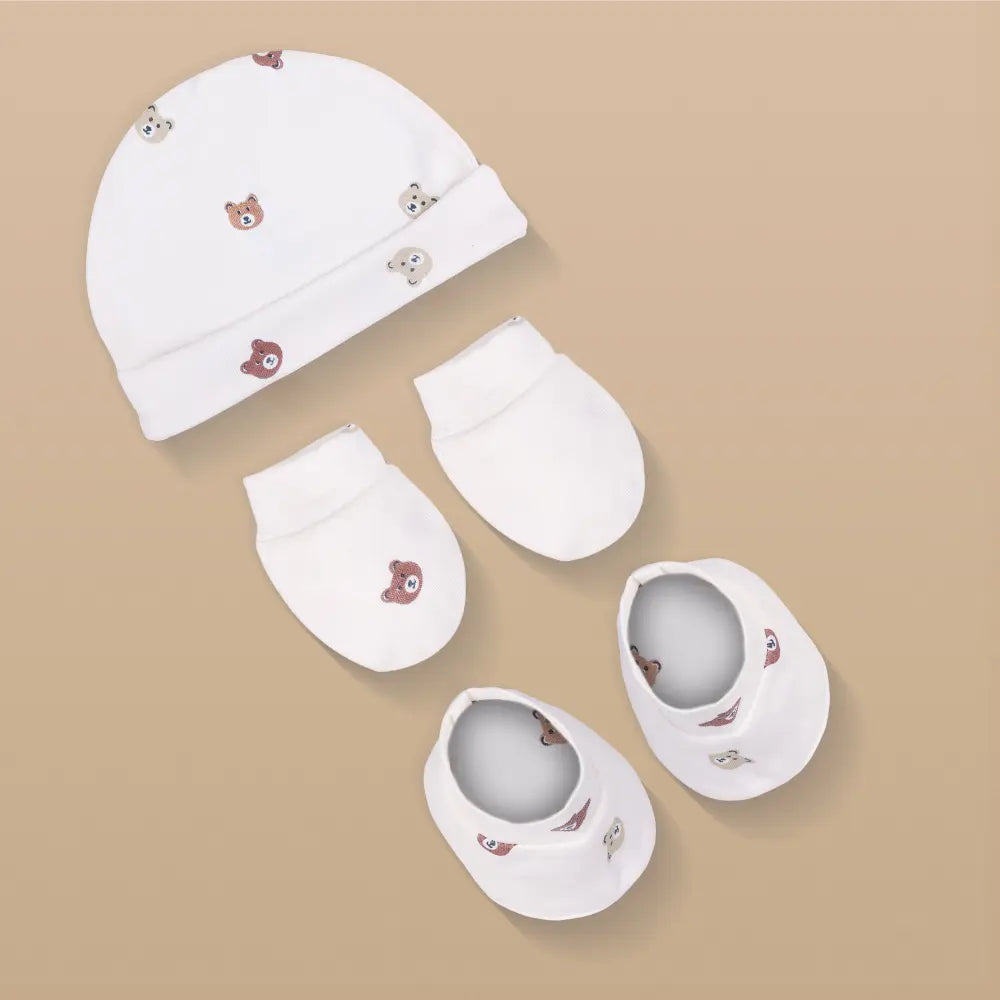PREKIES Cap, Mitten, Booties - Teddy Print