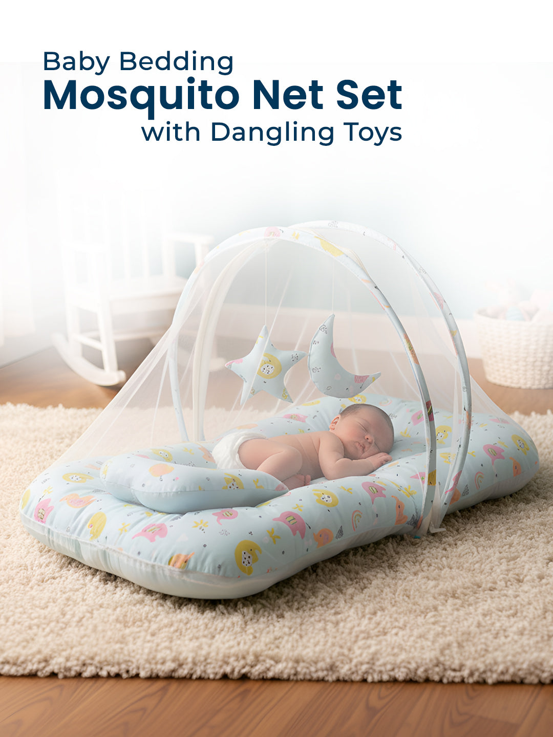 Polka Tots Elephant Print Cotton Sateen Mosquito Net Bed with Toys Dangling - Blue