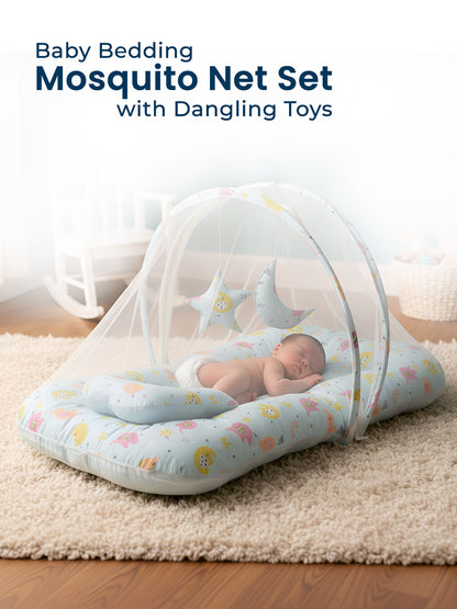 Polka Tots Elephant Print Cotton Sateen Mosquito Net Bed with Toys Dangling - Blue