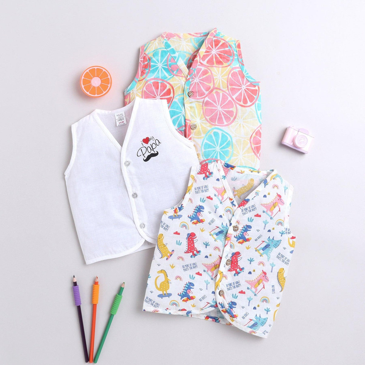 Polka Tots Unisex Multi-Color Cotton Sleeveless Jablas (Pack Of 3) (0 Months)