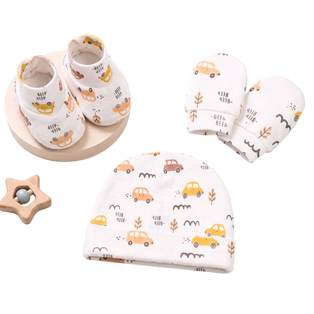 PREKIES Cap, Mitten, Booties - Car Print