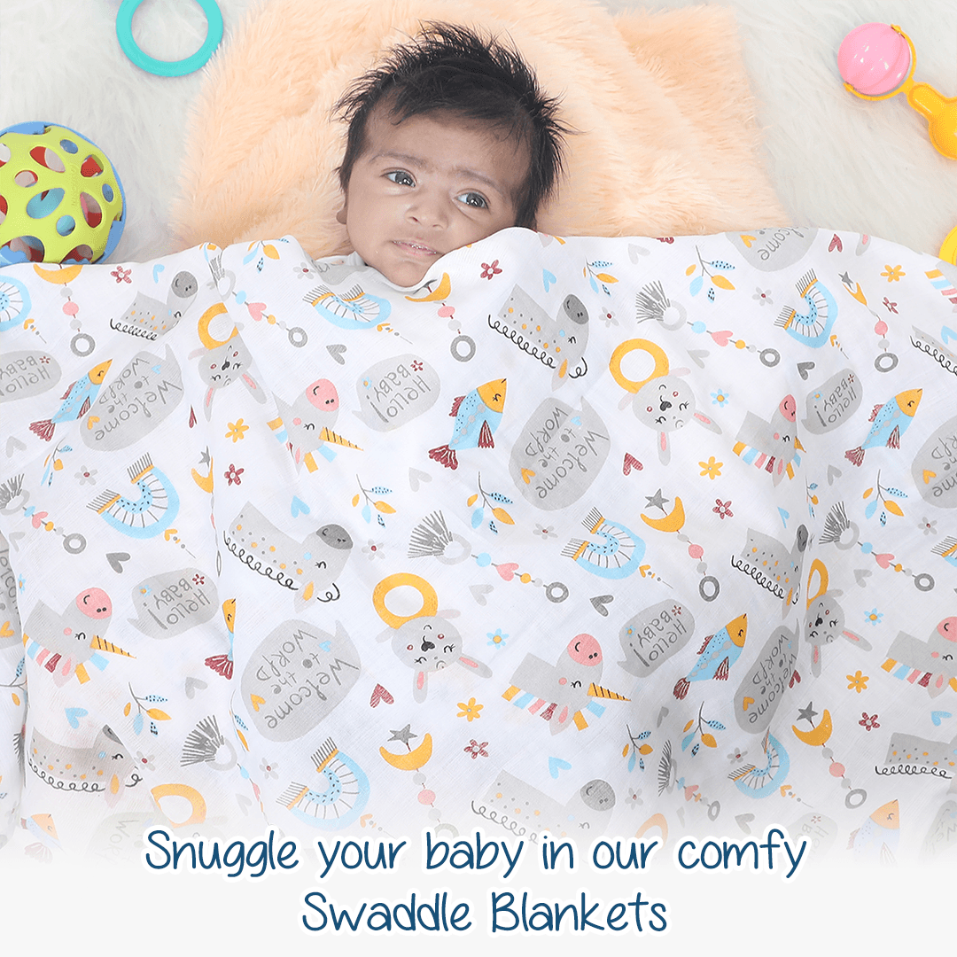 Polka Tots White Rainbow Mist & Hello Baby Muslin Cotton Swaddles (Pack of 2)