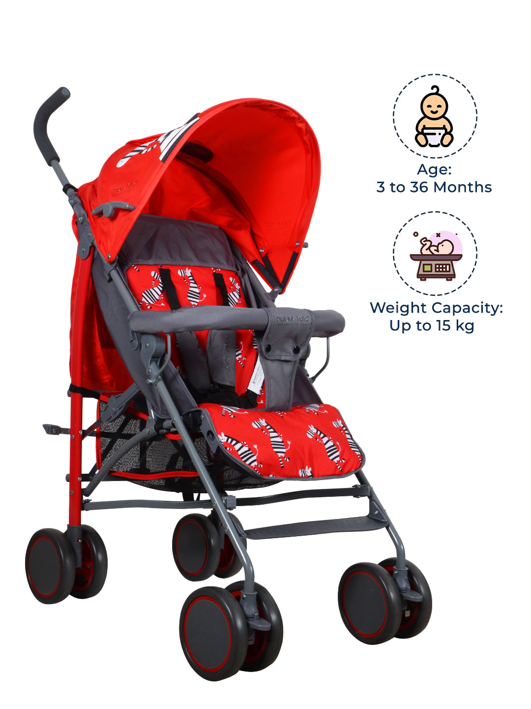 Polka Tots Zebra Stroller Pram For 0 To 3 Years Kids 5 Point Safety Harness Travel Buggy - Red