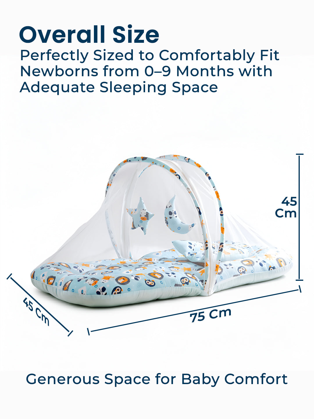 Polka Tots Lion Print Cotton Sateen Mosquito Net Bed with Toys Dangling - Blue 