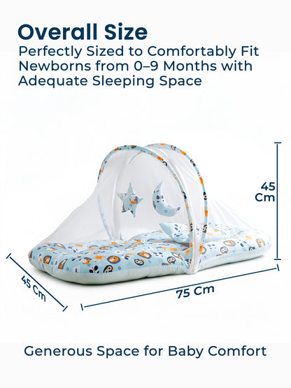 Polka Tots Lion Print Cotton Sateen Mosquito Net Bed with Toys Dangling - Blue 