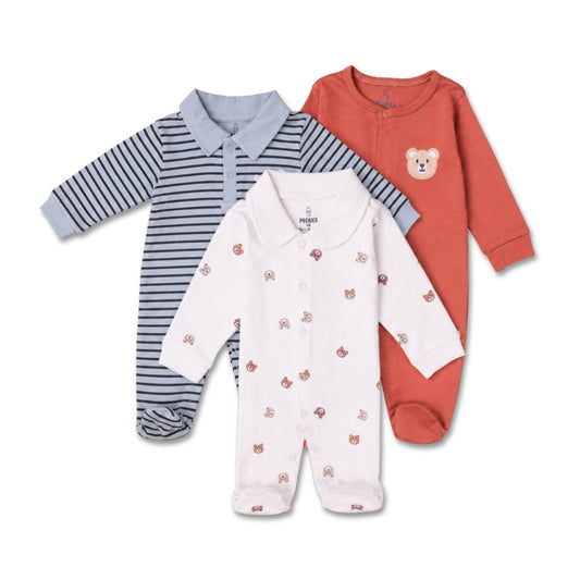 PREKIES Footed Sleepsuits Set - Teddy Face Print Pack Of 3