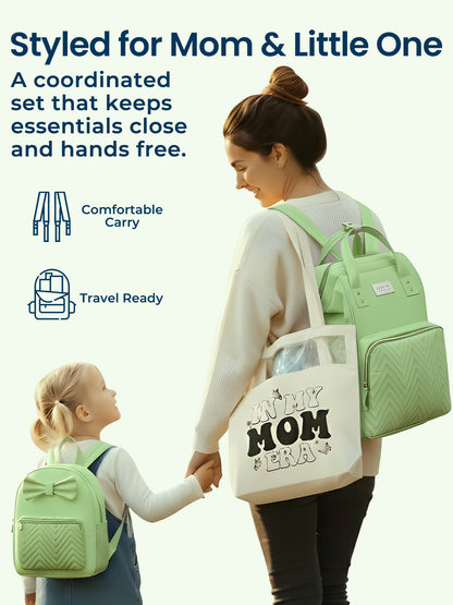 Polka Tots Green Mama Mini Luxe Duo Diaper Bag with Attached Bow and Bag Pack (Set of 2)